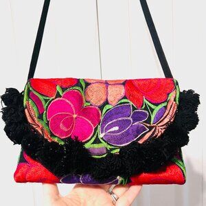 Embroidered Lightweight Bright Colored Floral Crossbody/Shoulder Purse-Cloth